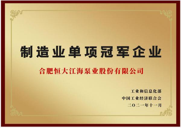 國家級！恒大江海泵業(yè)入選“制造業(yè)單項冠軍企業(yè)”