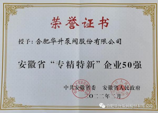 華升泵閥榮登安徽省“專精特新”企業(yè)50強(qiáng)