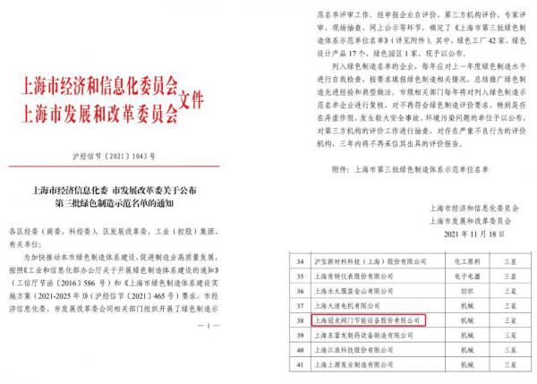 上海冠龍閥門節(jié)能設(shè)備入選“工業(yè)產(chǎn)品綠色設(shè)計示范企業(yè)”